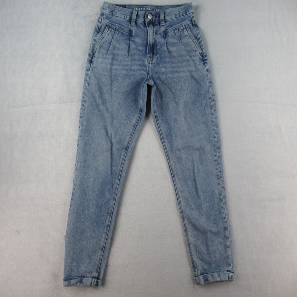 American Eagle Mom Jean High Rise Pleated Tapered Blue Denim Pants Size 0 Long